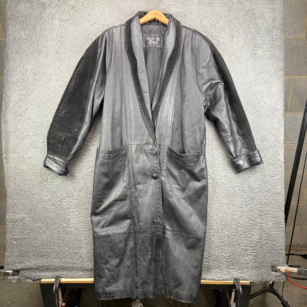 Marco Morani Black Leather Trench Coat Womens Small Suede Trim Longline Vintage